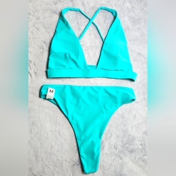 133.🆕Med Bundle Aqua and Red Thong Bikini Set Criss Cross Adjustable Straps - Picture 3 of 6